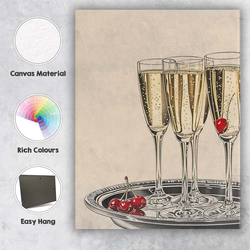 Elegant Champagne Flutes With Red Cherries Still Life Canvas Wall Art Print Decor Picture Ready to Hang