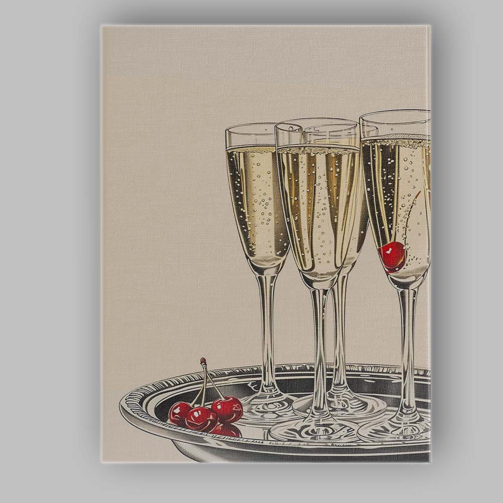 Elegant Champagne Flutes With Red Cherries Still Life Canvas Wall Art Print Decor Picture Ready to Hang
