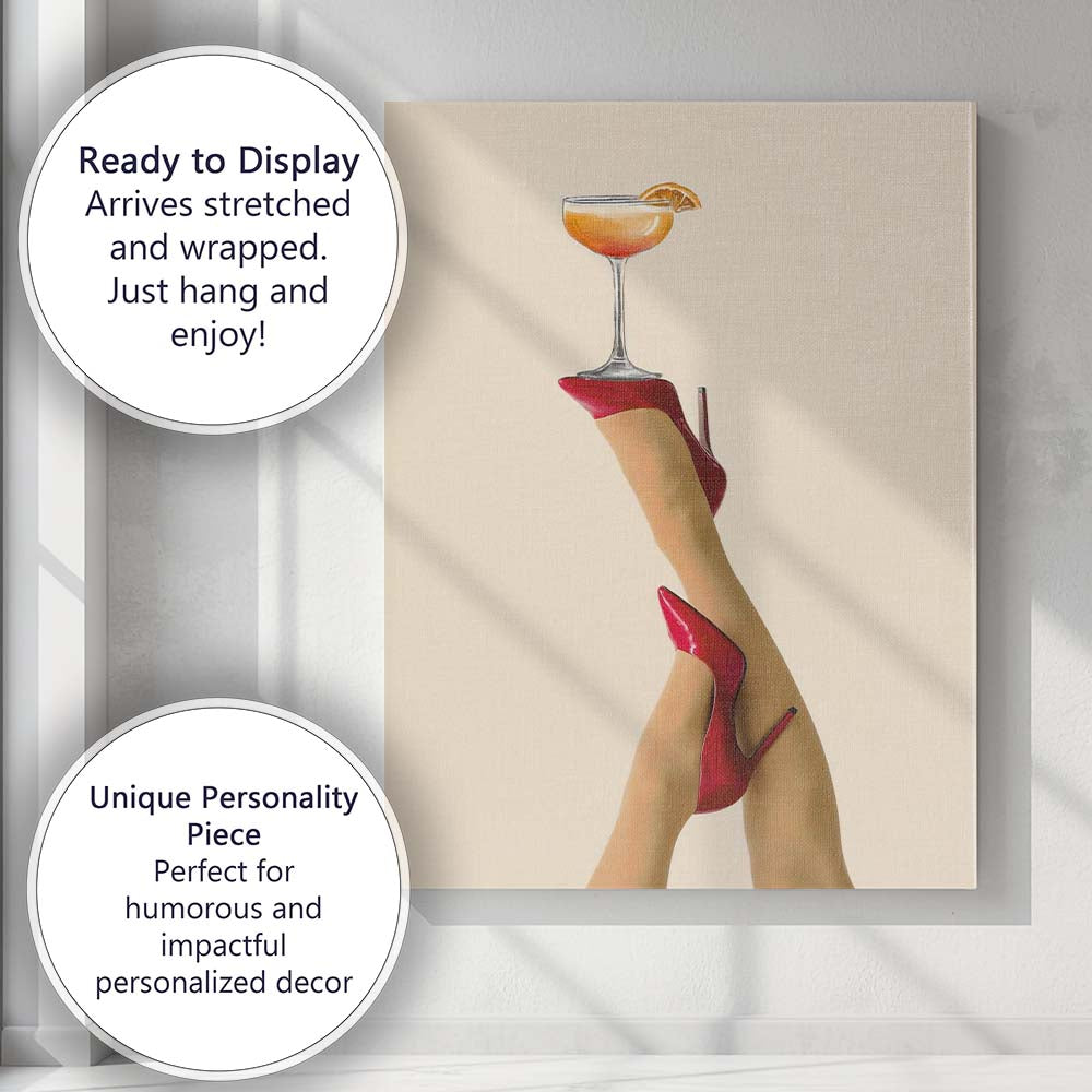 Red High Heels Cocktail Glass Fashion Glamour Minimalist Canvas Wall Art Print Decor Picture Ready to Hang