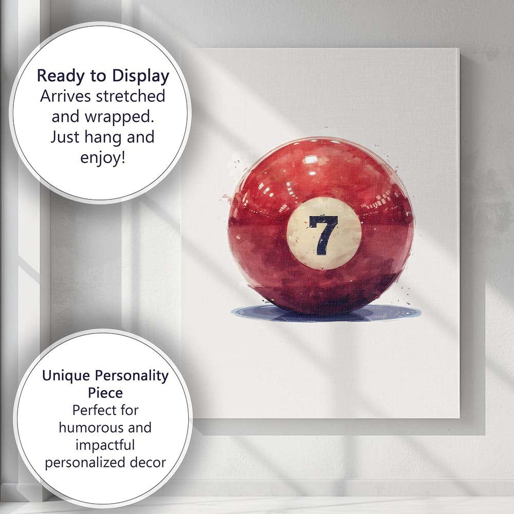 Red Number Seven Billiard Pool Ball Watercolour Sports Canvas Wall Art Print Decor Picture Ready to Hang