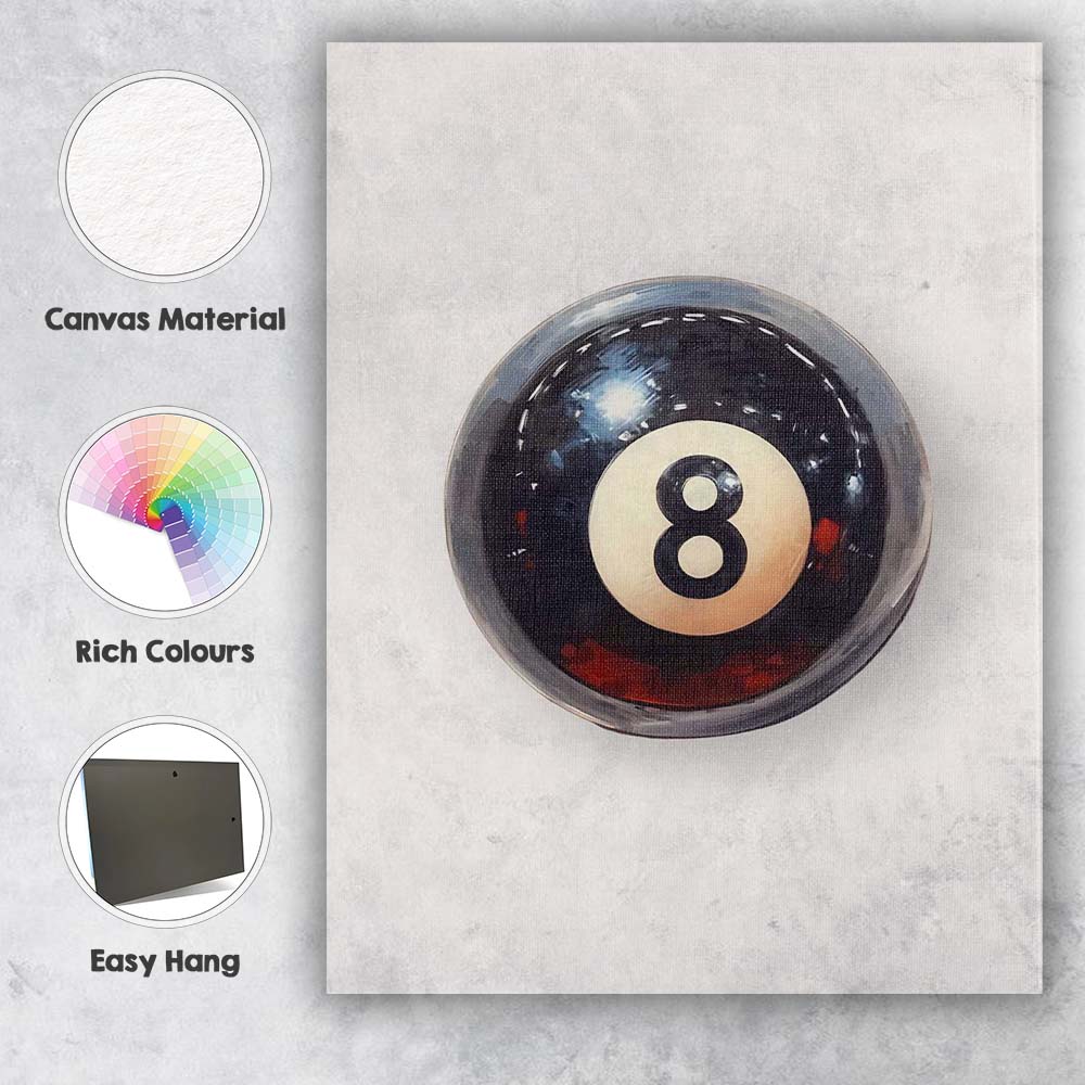 Classic Black Number Eight Billiard Pool Ball Watercolour Sports Canvas Wall Art Print Decor Picture Ready to Hang