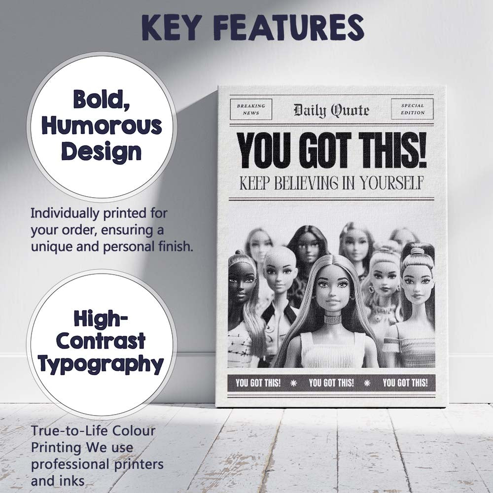 Motivational You Got This Inspirational Newspaper Typography Canvas Wall Art Print Decor Picture Ready to Hang