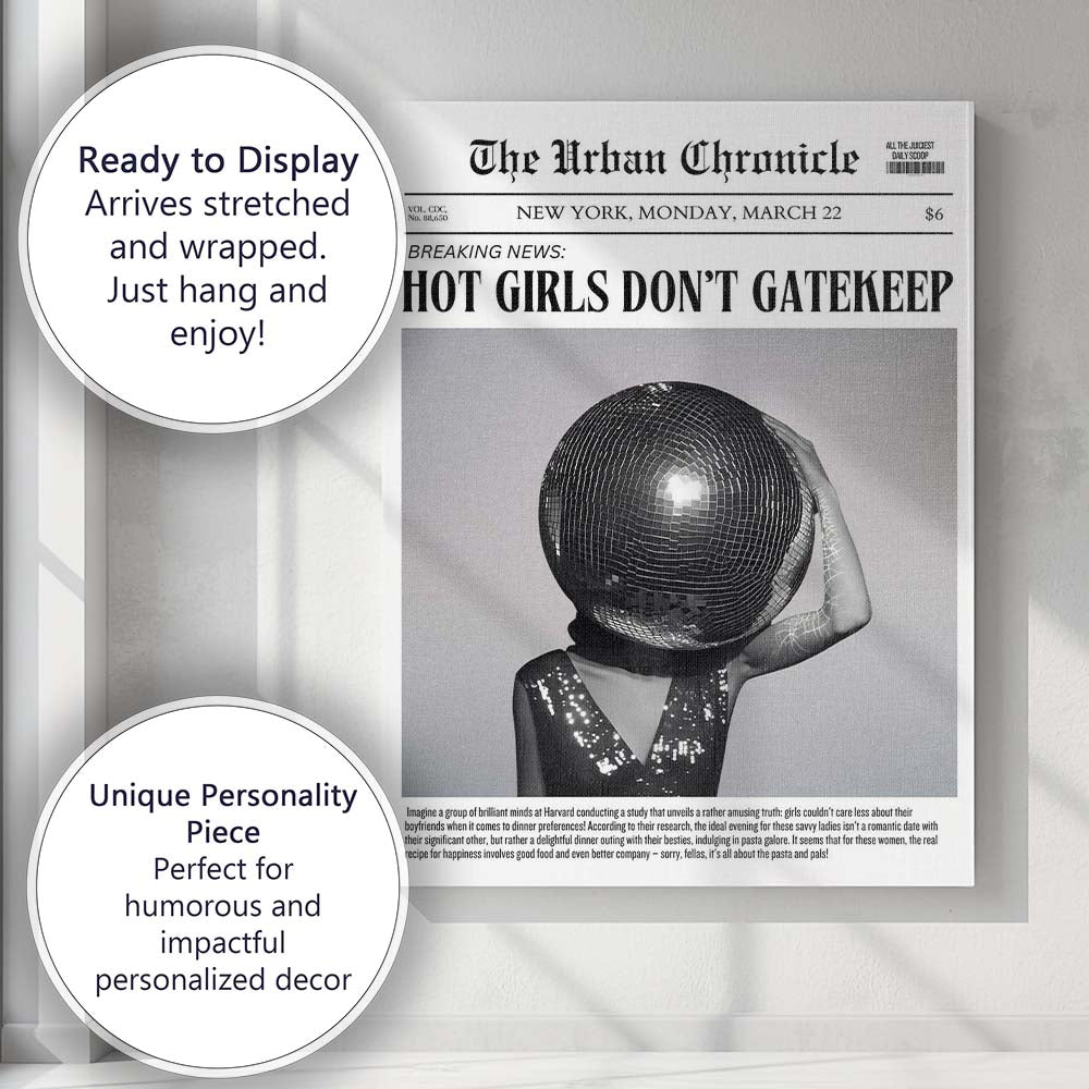 Hot Girls Dont Gatekeep Disco Ball Humorous Newspaper Poster Canvas Wall Art Print Decor Picture Ready to Hang