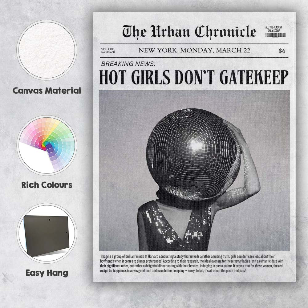 Hot Girls Dont Gatekeep Disco Ball Humorous Newspaper Poster Canvas Wall Art Print Decor Picture Ready to Hang