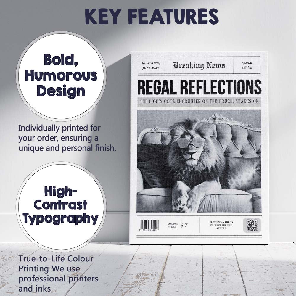 Breaking News Regal Reflections Lion With Sunglasses Monochrome Newspaper Style Canvas Wall Art Print Decor Picture Ready to Hang