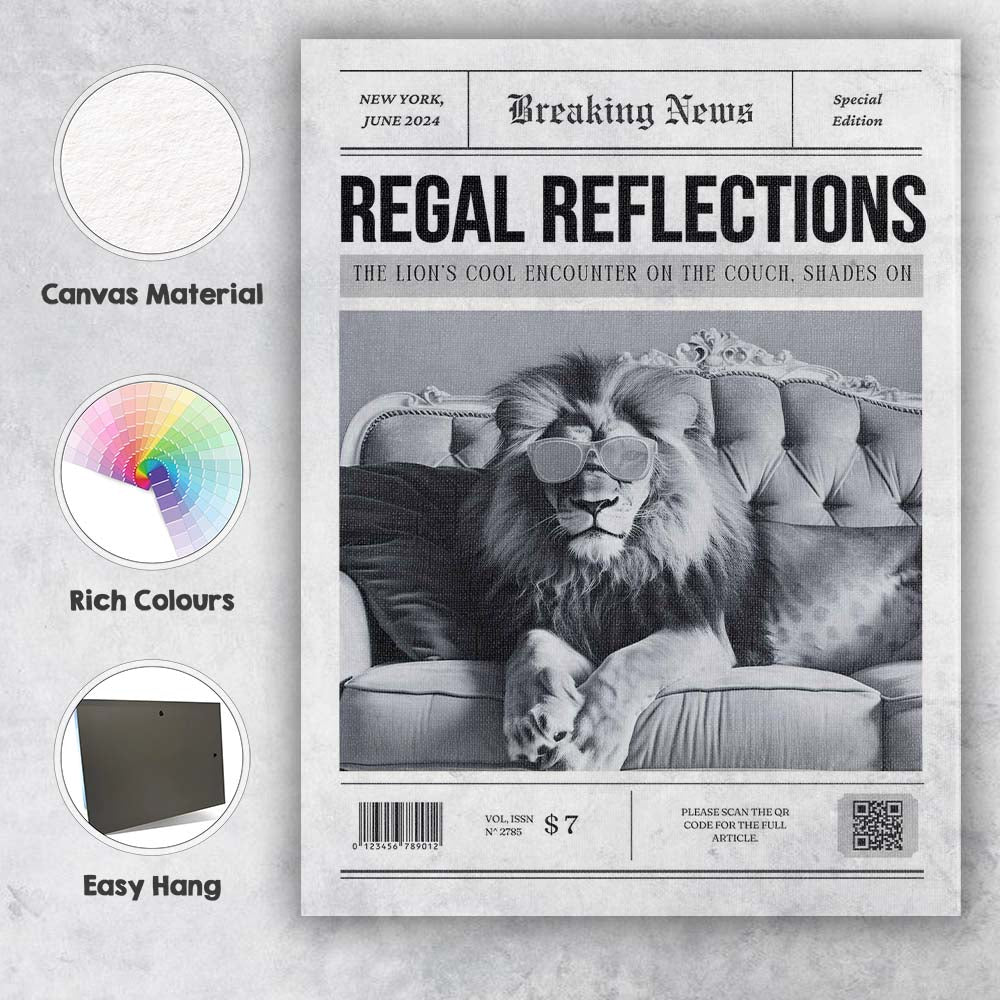 Breaking News Regal Reflections Lion With Sunglasses Monochrome Newspaper Style Canvas Wall Art Print Decor Picture Ready to Hang