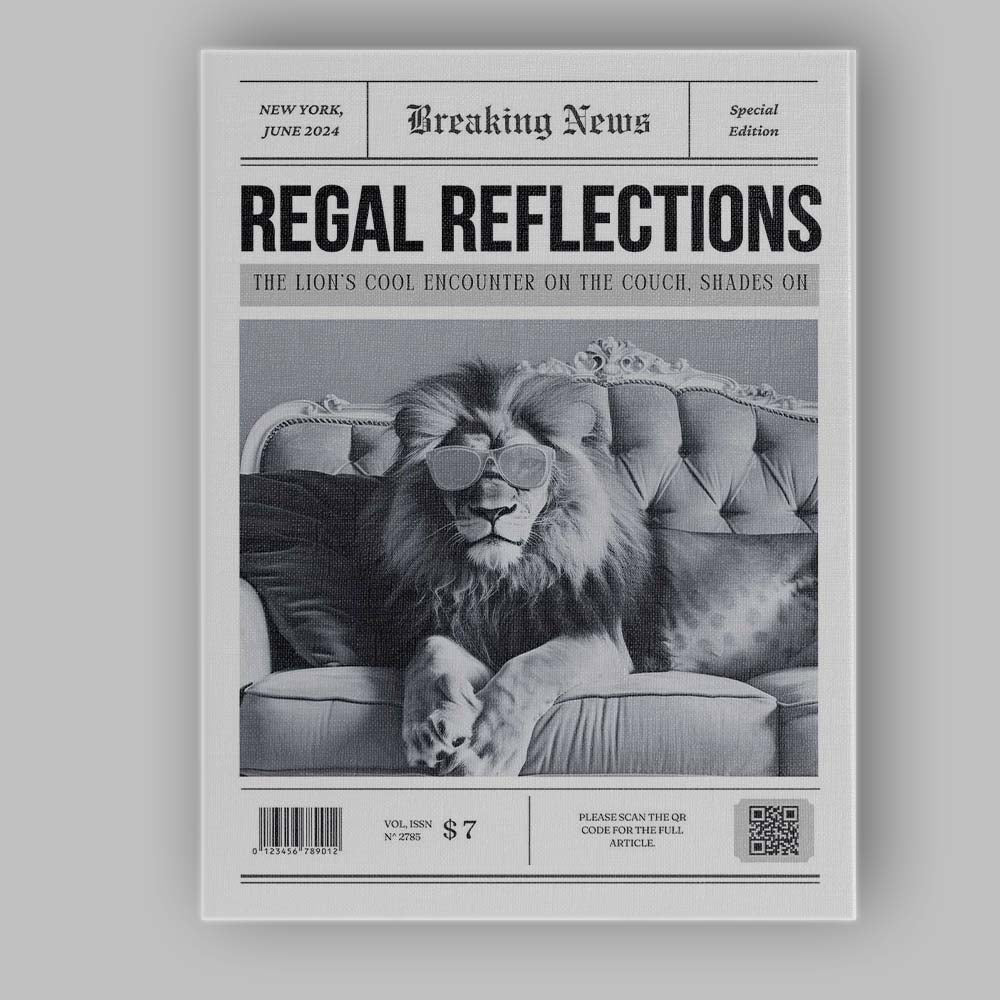 Breaking News Regal Reflections Lion With Sunglasses Monochrome Newspaper Style Canvas Wall Art Print Decor Picture Ready to Hang