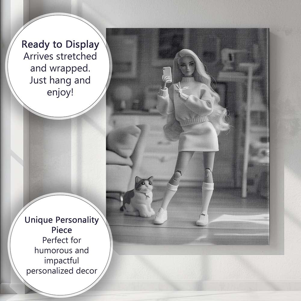 Fashion Doll Taking Selfie With Cat Monochrome Lifestyle Canvas Wall Art Print Decor Picture Ready to Hang