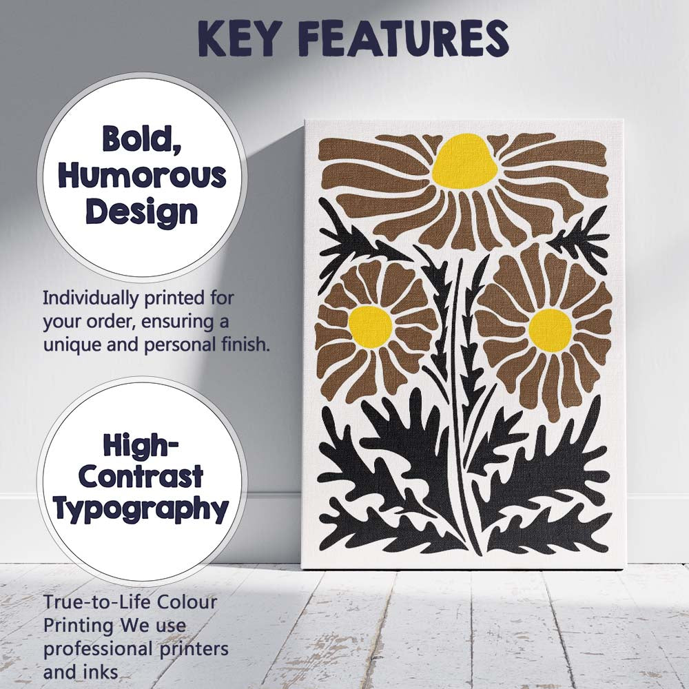 Mid Century Modern Brown Daisy Wildflower Botanical Illustration Canvas Wall Art Print Decor Picture Ready to Hang
