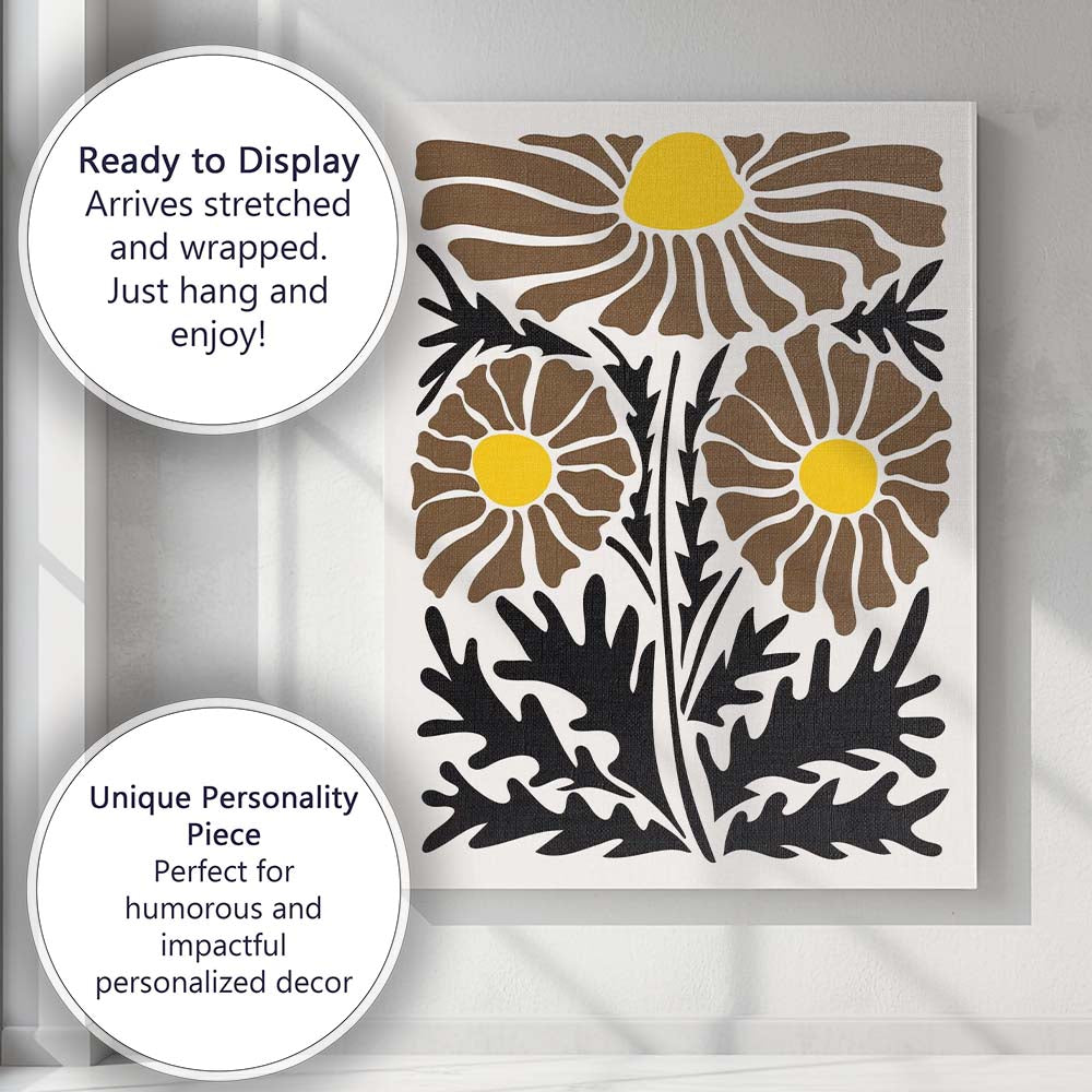 Mid Century Modern Brown Daisy Wildflower Botanical Illustration Canvas Wall Art Print Decor Picture Ready to Hang