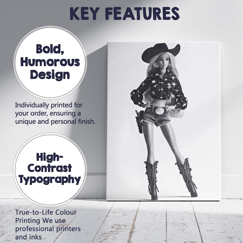 Black White Western Cowgirl Fashion Doll Portrait Canvas Wall Art Print Decor Picture Ready to Hang