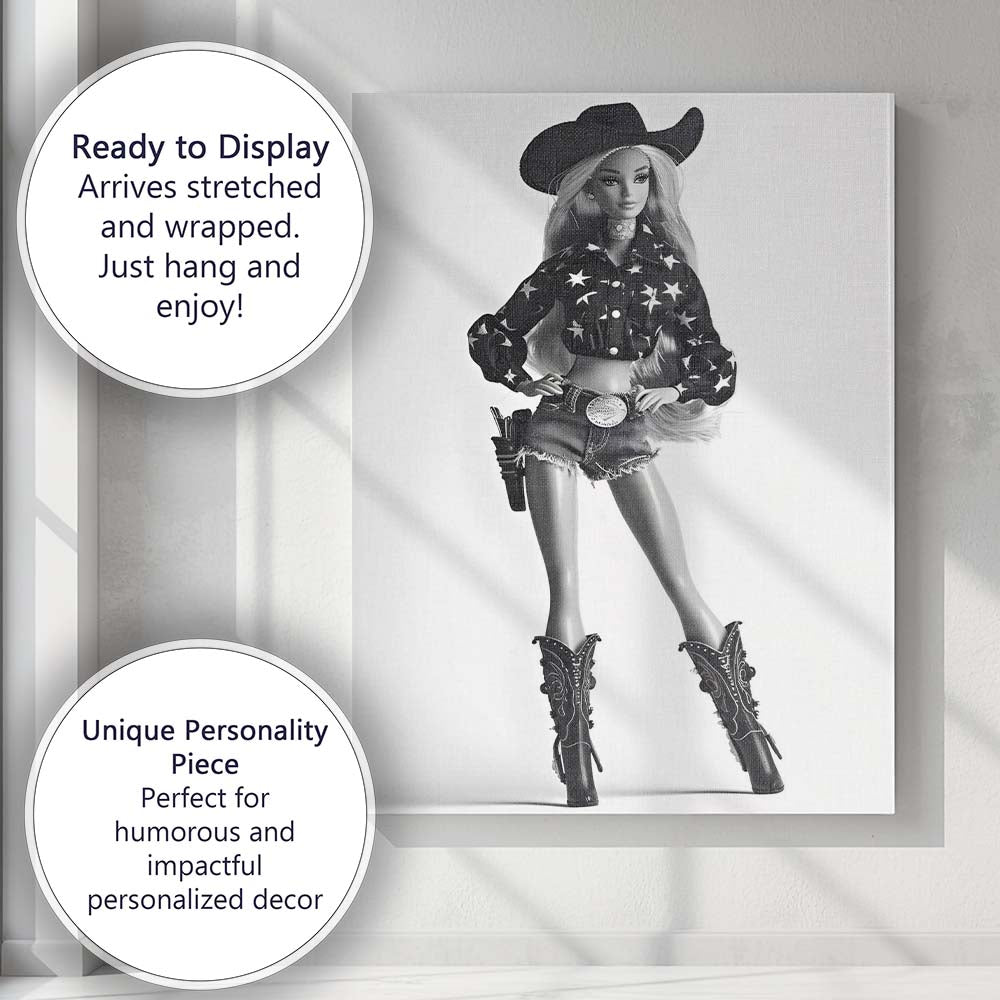Black White Western Cowgirl Fashion Doll Portrait Canvas Wall Art Print Decor Picture Ready to Hang