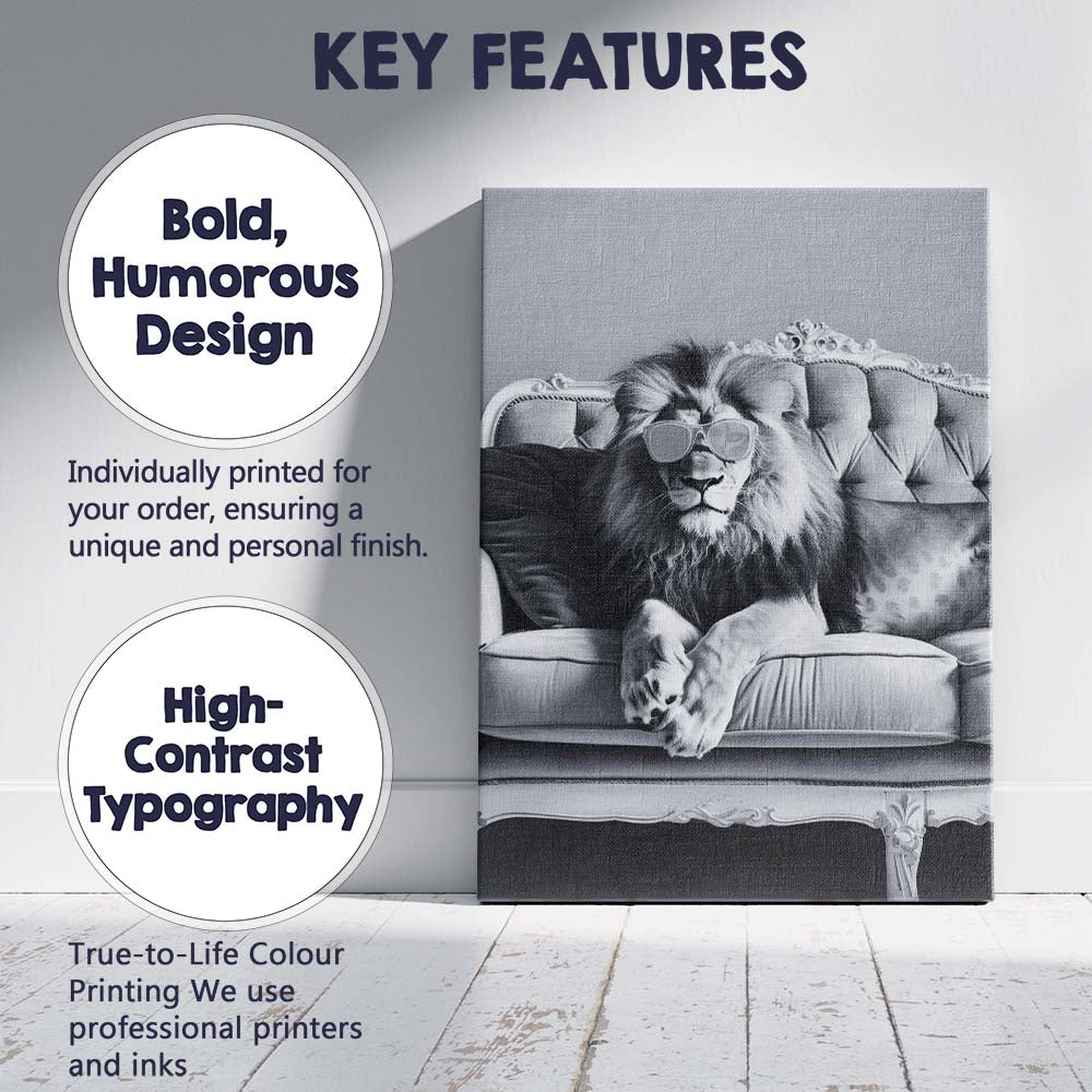 Luxury Lion Wearing Sunglasses Monochrome Animal Portrait Canvas Wall Art Print Decor Picture Ready to Hang