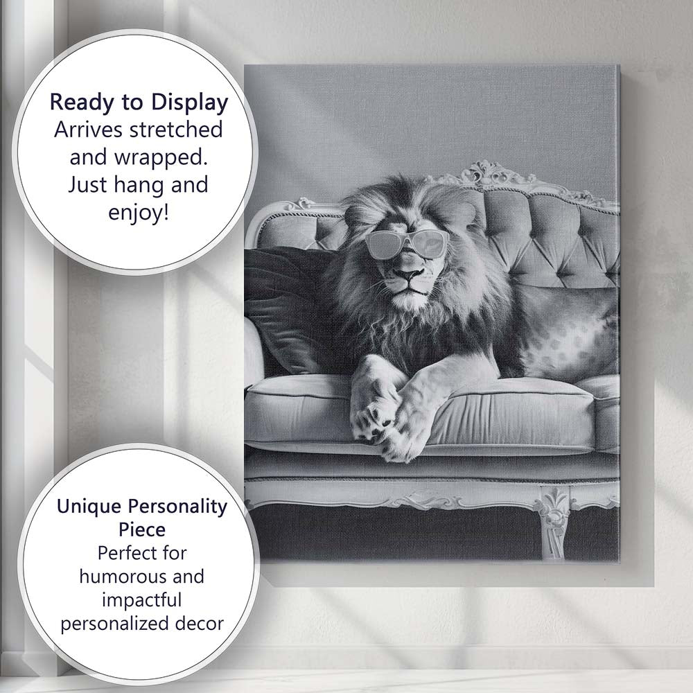 Luxury Lion Wearing Sunglasses Monochrome Animal Portrait Canvas Wall Art Print Decor Picture Ready to Hang