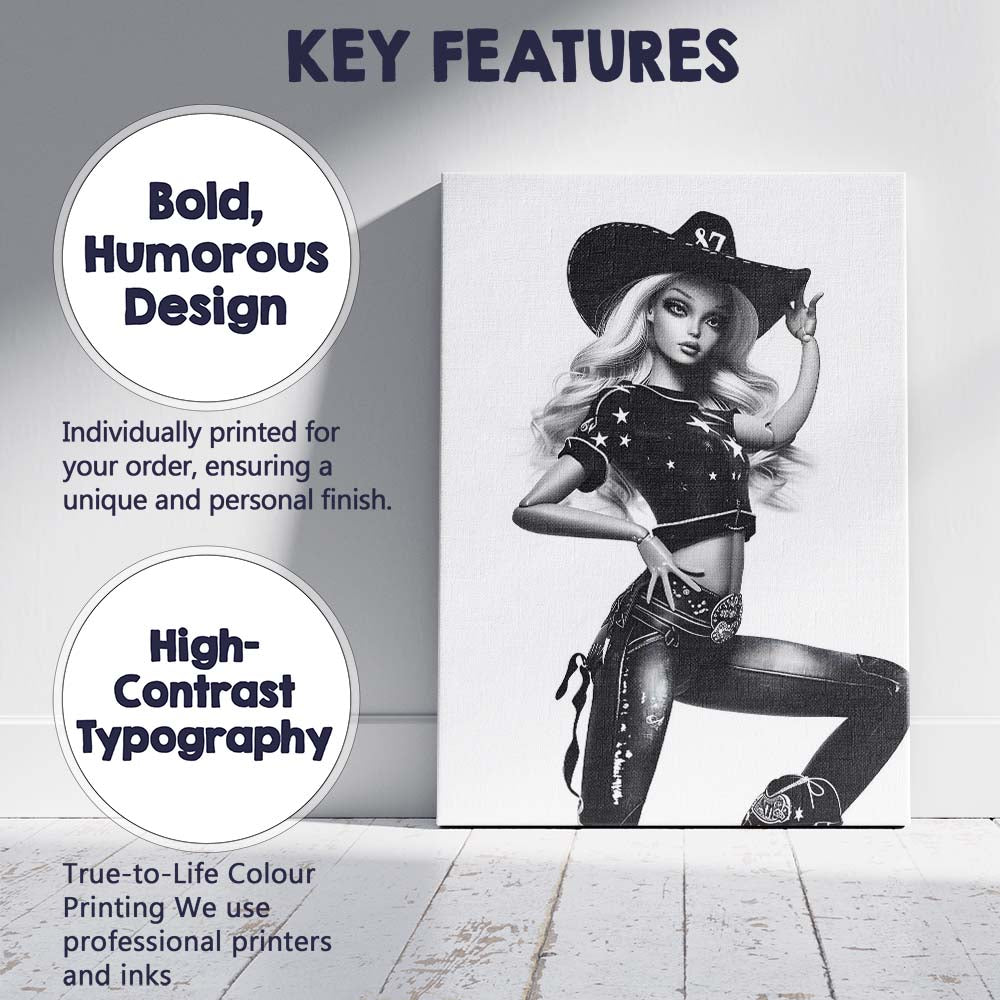 Black White Western Cowgirl Fashion Doll Portrait Canvas Wall Art Print Decor Picture Ready to Hang