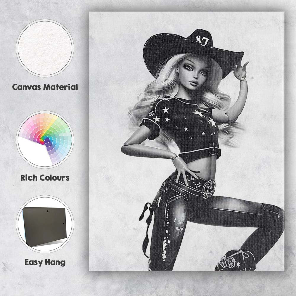 Black White Western Cowgirl Fashion Doll Portrait Canvas Wall Art Print Decor Picture Ready to Hang