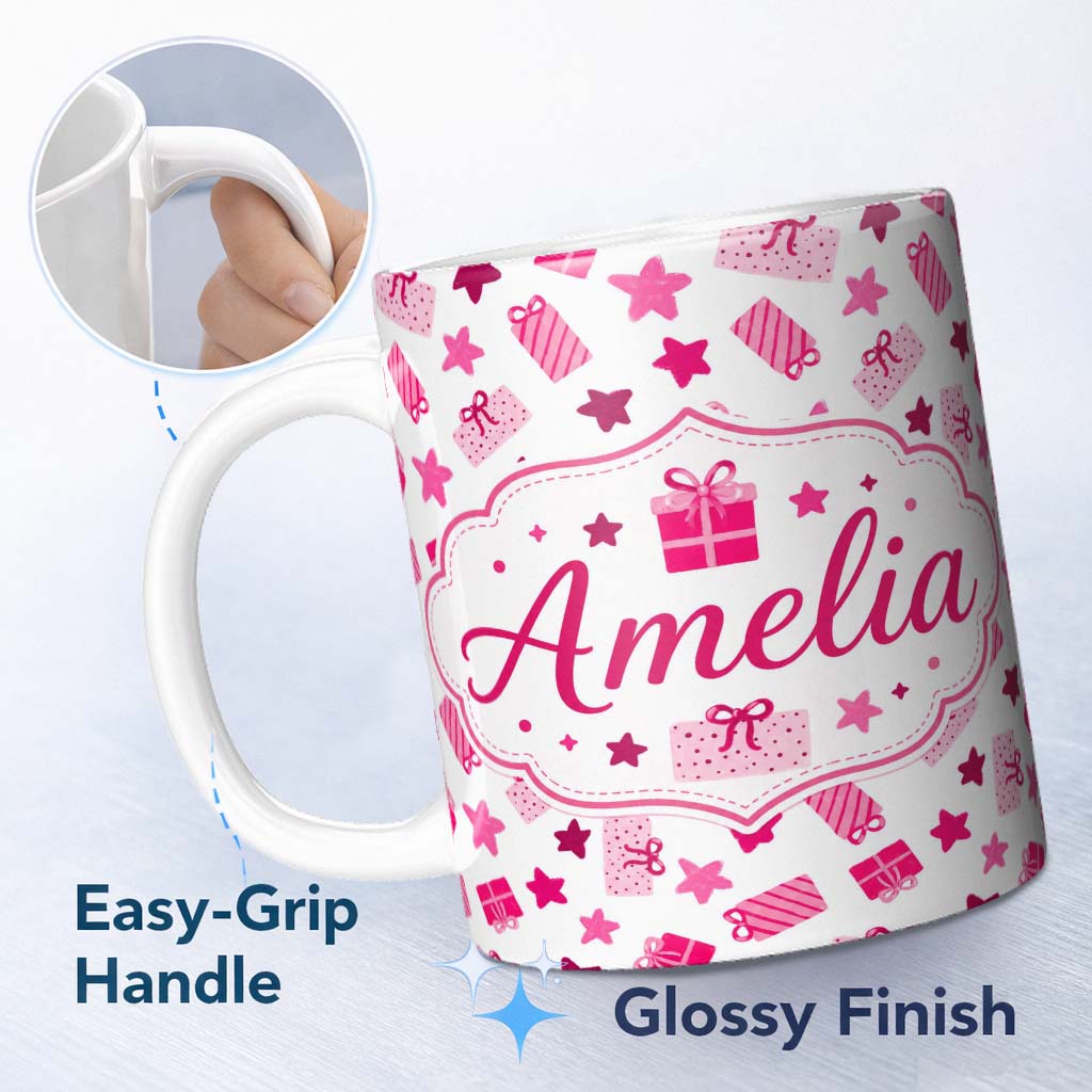 Personalized Custom Name Cute Pink Gift Box Star Festive Seamless Pattern Cute Unique Gift 11oz Ceramic Coffee Tea Mug White Large Handle