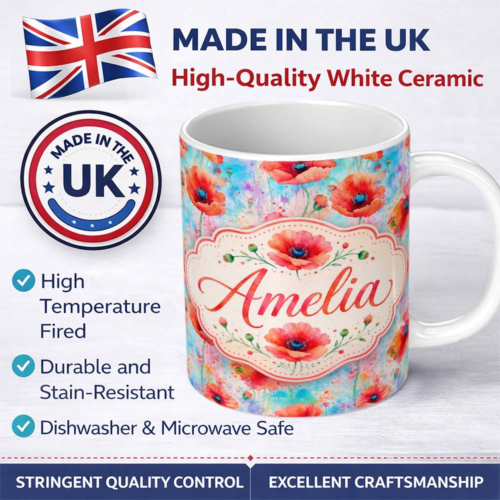 Personalized Custom Name Bright Poppy Flowers on Soft Blue Watercolor Background Seamless 11oz Ceramic Coffee Tea Mug White Large Handle