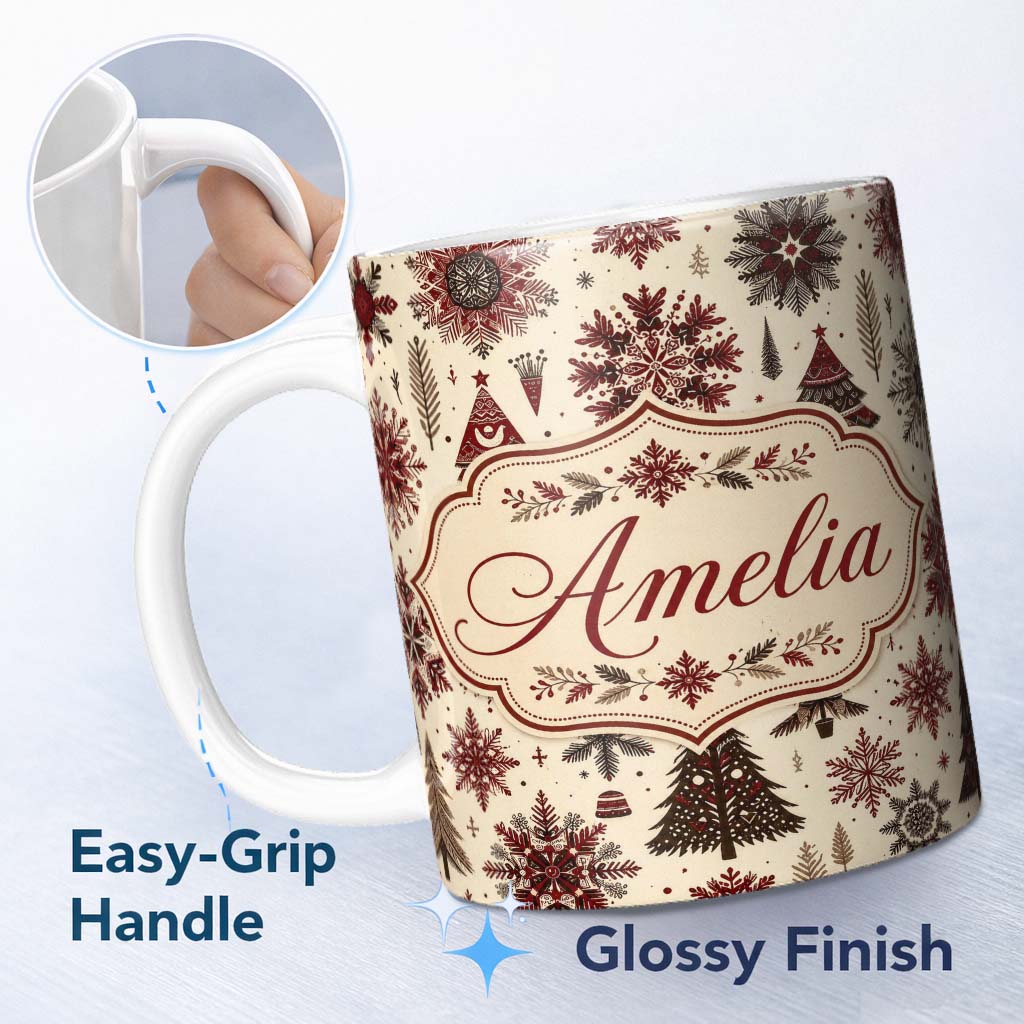 Personalized Custom Name Red Black Nordic Christmas Trees Snowflakes Winter Seamless Pattern 11oz Ceramic Coffee Tea Mug White Large Handle