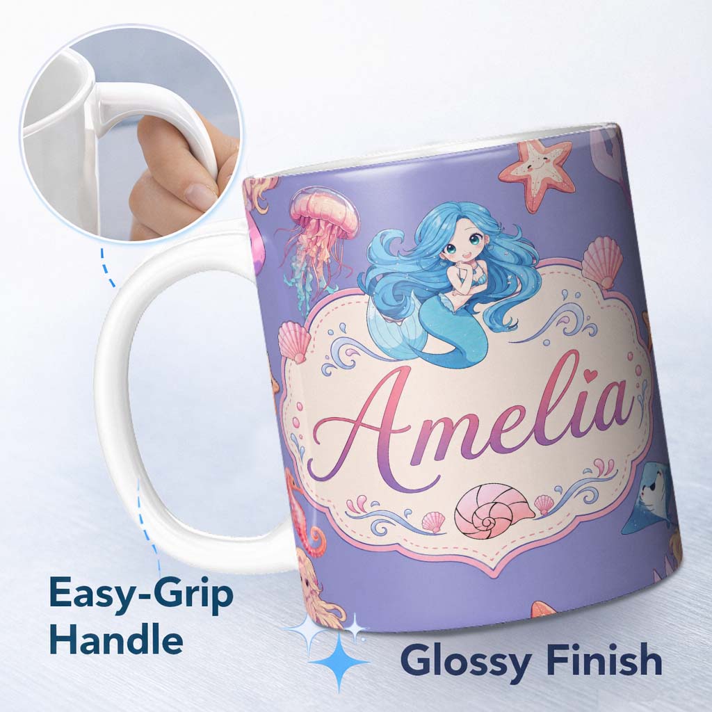 Personalized Custom Name Mermaid Ocean Friends Jellyfish Starfish Purple Background Lovely 11oz Ceramic Coffee Tea Mug White Large Handle