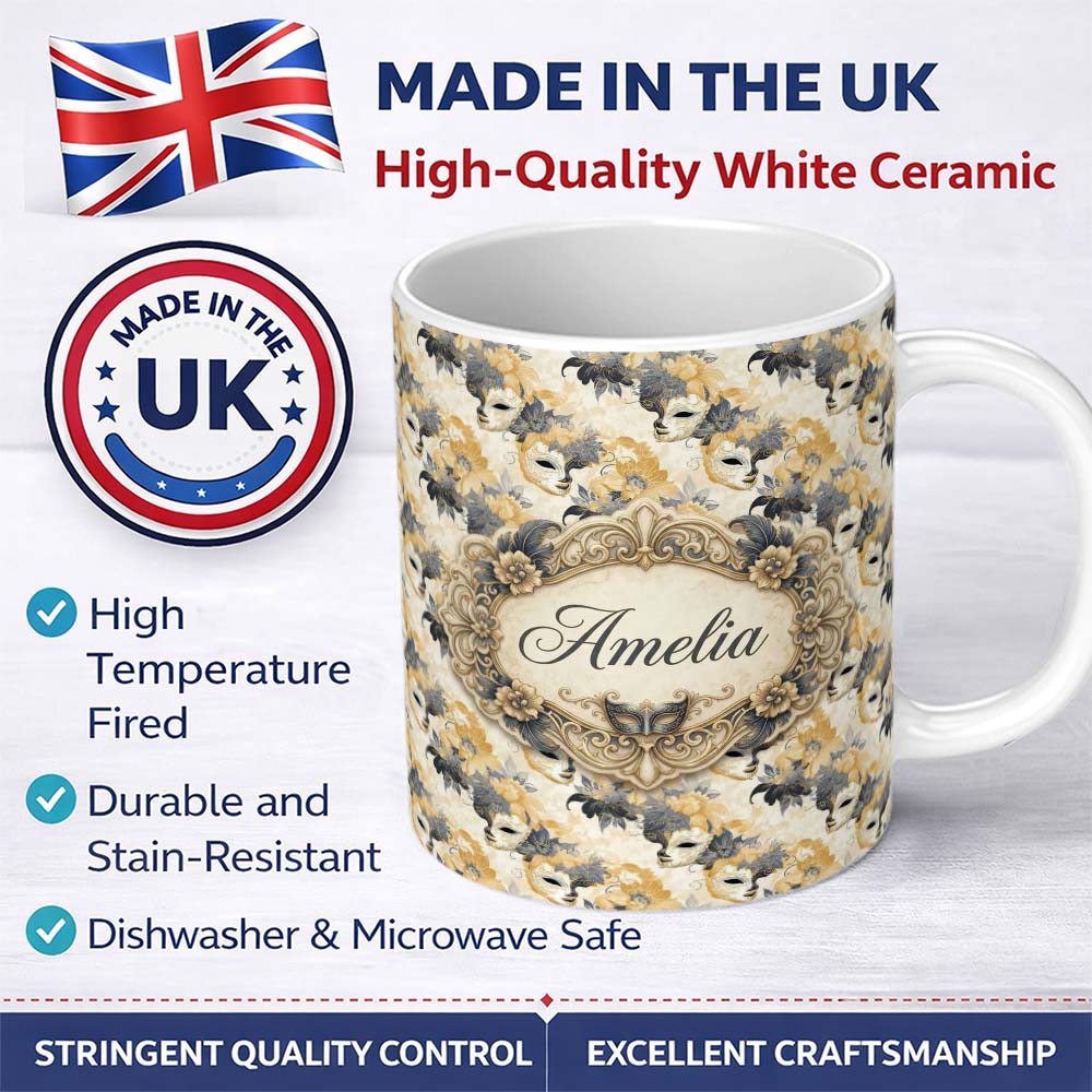 Personalized Custom Name Deep Blue Masquerade Pattern with Red and Gold Decorative Masks 11oz Ceramic Coffee Tea Mug White Large Handle