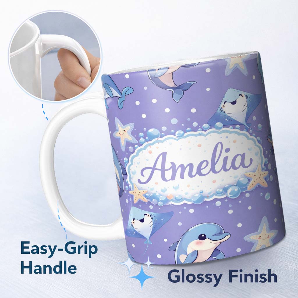 Personalized Custom Name Cute Dolphin Stingray Starfish Ocean Sea Life Blue Purple Background 11oz Ceramic Coffee Tea Mug White Large Handle