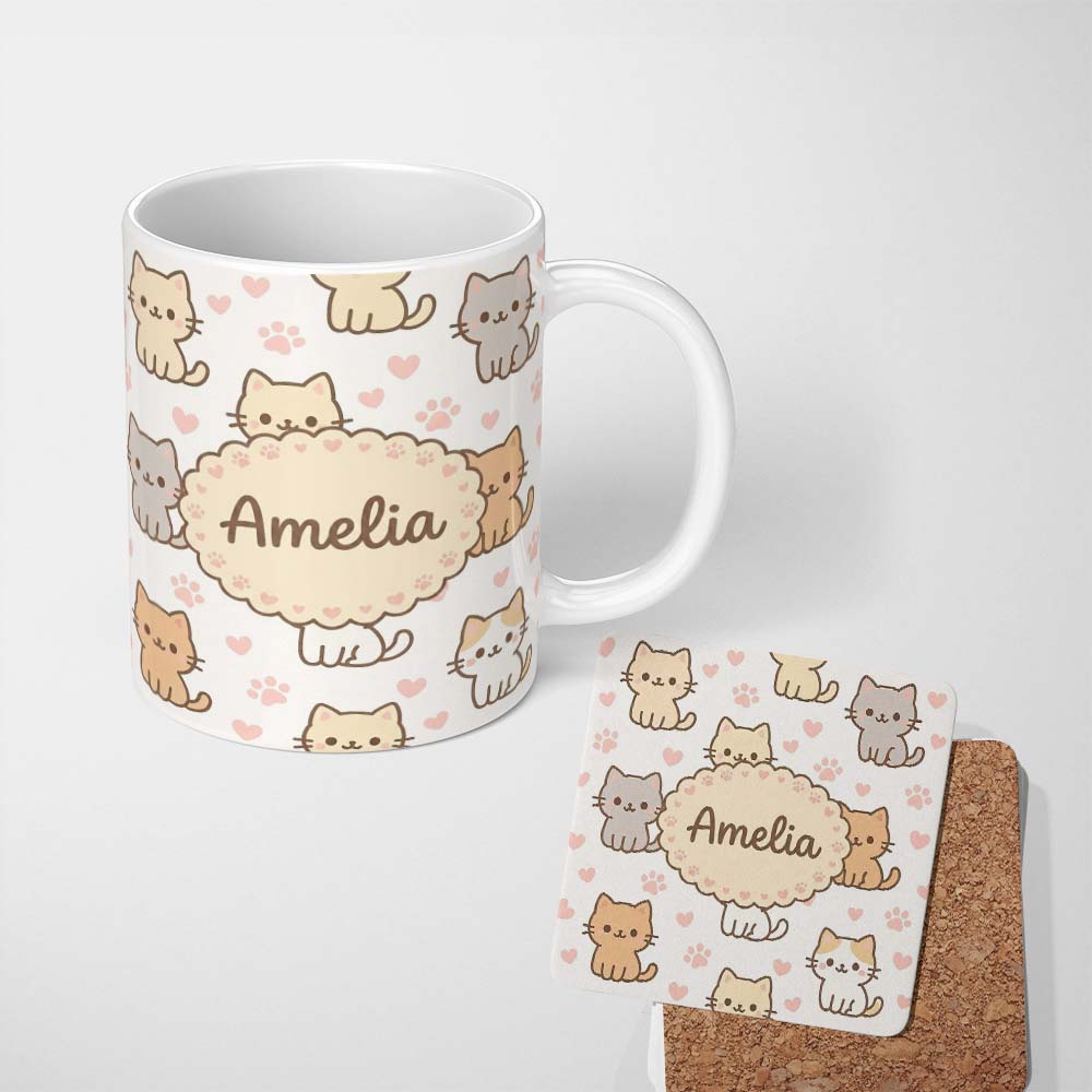 Personalized Custom Name Cute Kitten Hearts Cartoon Animal Pattern Charming Kitchen Decor 11oz Ceramic Coffee Tea Mug White Large Handle