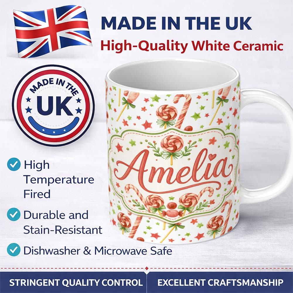 Personalized Custom Name Cute Candy Cane Lollipop Sweet Christmas Seamless Pattern Lovely 11oz Ceramic Coffee Tea Mug White Large Handle