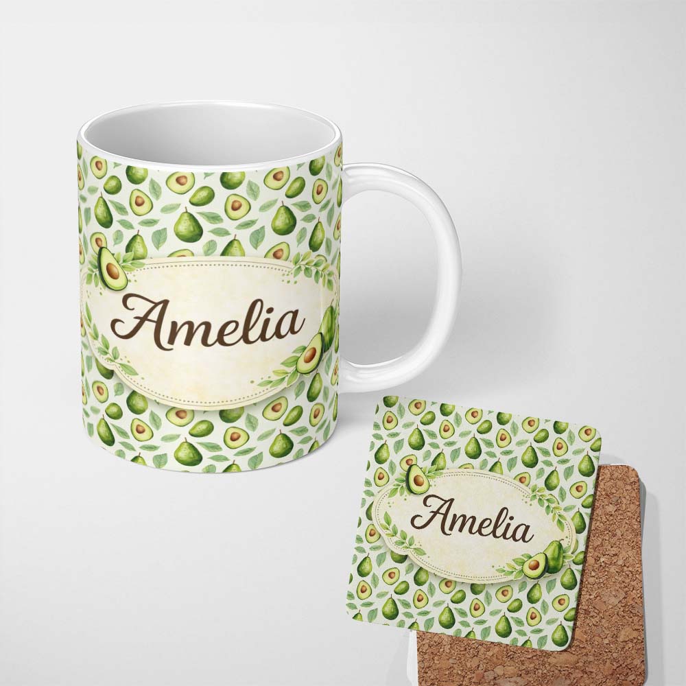 Personalized Custom Name Avocado Pear Leaf Seamless Clean White Background Botanical Fruit 11oz Ceramic Coffee Tea Mug White Large Handle