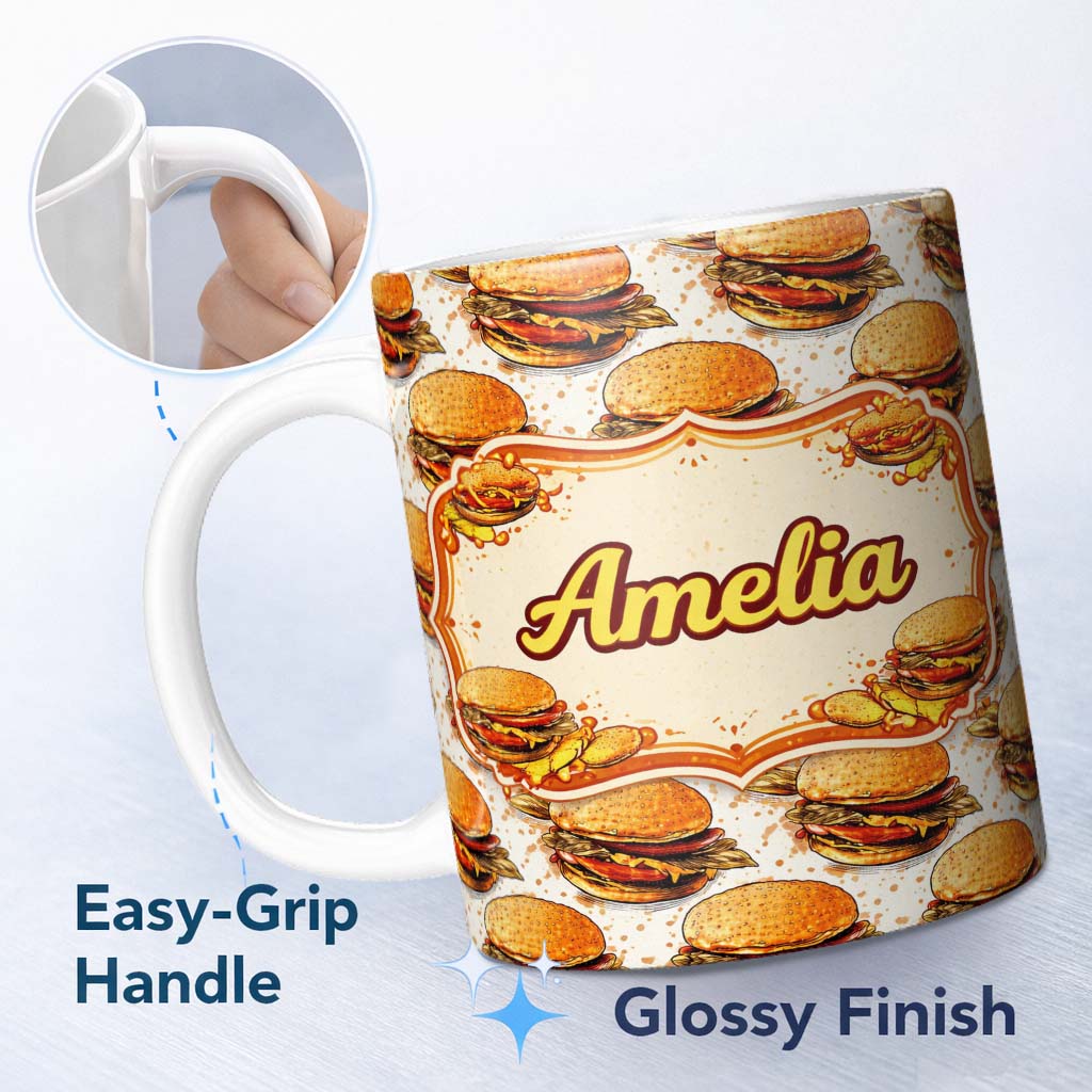 Personalized Custom Name Sketch Style Burger Seamless Pattern Fast Food Illustration Design 11oz Ceramic Coffee Tea Mug White Large Handle