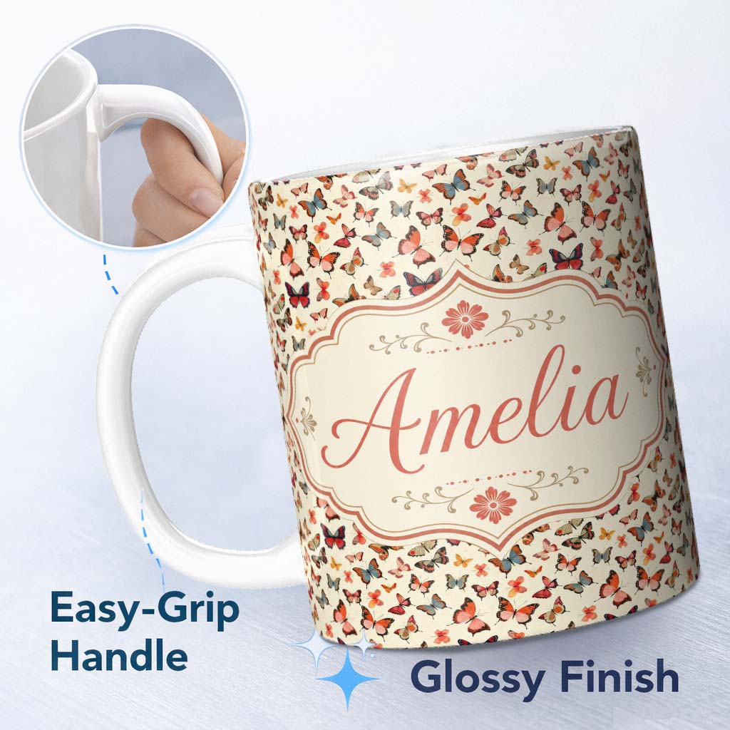 Personalized Custom Name Colorful Butterfly Collection Mixed Styles Seamless Pattern Lovely 11oz Ceramic Coffee Tea Mug White Large Handle