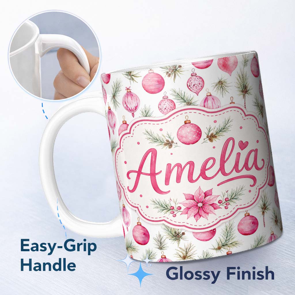 Personalized Custom Name Watercolor Pink Christmas Ornaments Pine Branch Seamless Pattern 11oz Ceramic Coffee Tea Mug White Large Handle