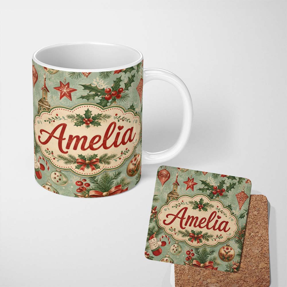 Personalized Custom Name Christmas Ornament Holly Snowman Festive Seamless Pattern Lovely 11oz Ceramic Coffee Tea Mug White Large Handle