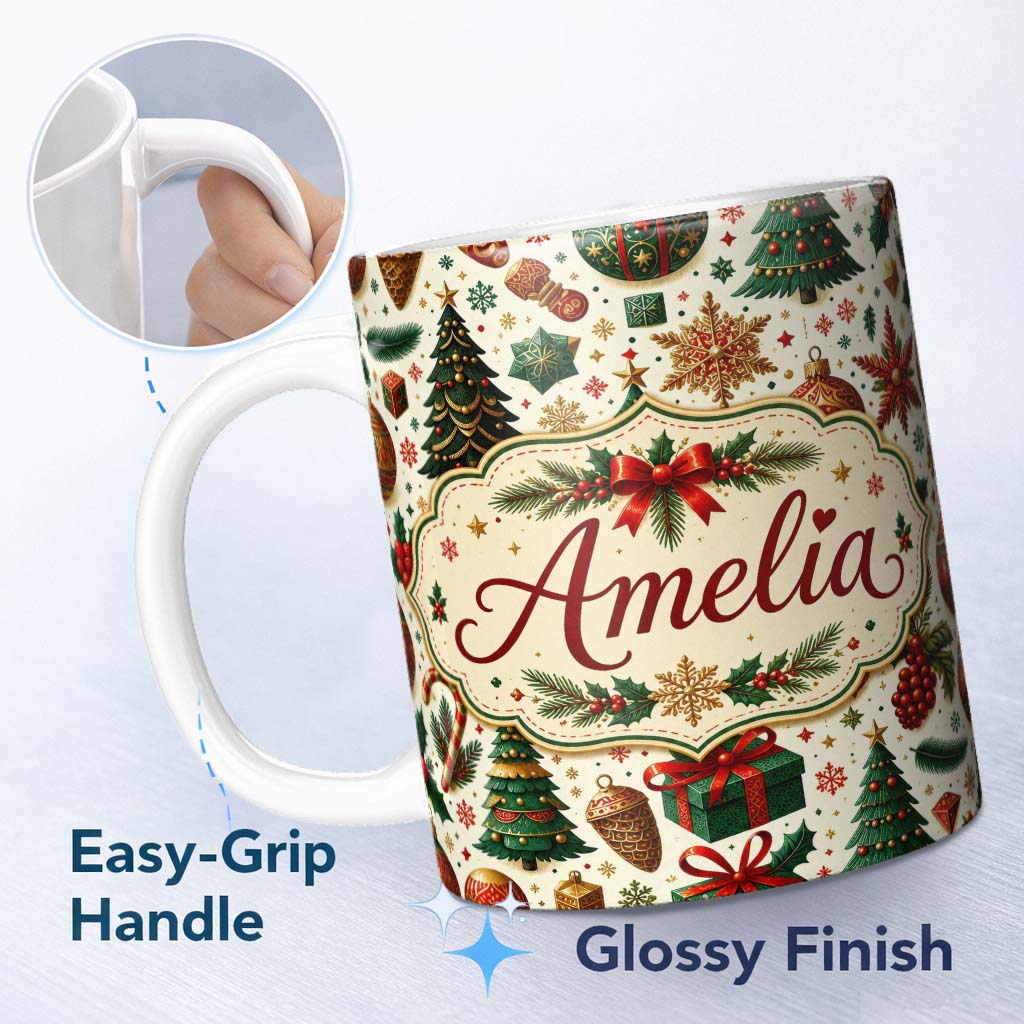 Personalized Custom Name Classic Christmas Trees Candy Canes Baubles and Festive Decor Lovely 11oz Ceramic Coffee Tea Mug White Large Handle