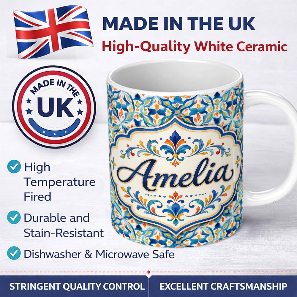 Personalized Custom Name Watercolor Mediterranean Tile Blue and Orange Floral Seamless Lovely 11oz Ceramic Coffee Tea Mug White Large Handle