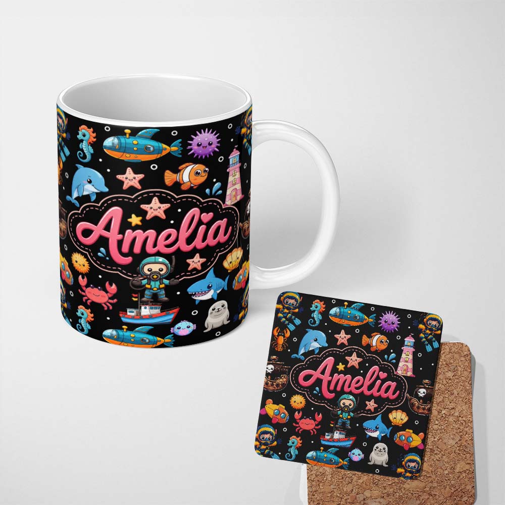 Personalized Custom Name Cartoon Ocean with Various Sea Creatures on Black Bubble Background 11oz Ceramic Coffee Tea Mug White Large Handle