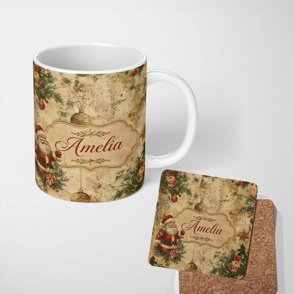Personalized Custom Name Rustic Santa Claus Christmas Pine Branches Baubles Vintage Holiday 11oz Ceramic Coffee Tea Mug White Large Handle