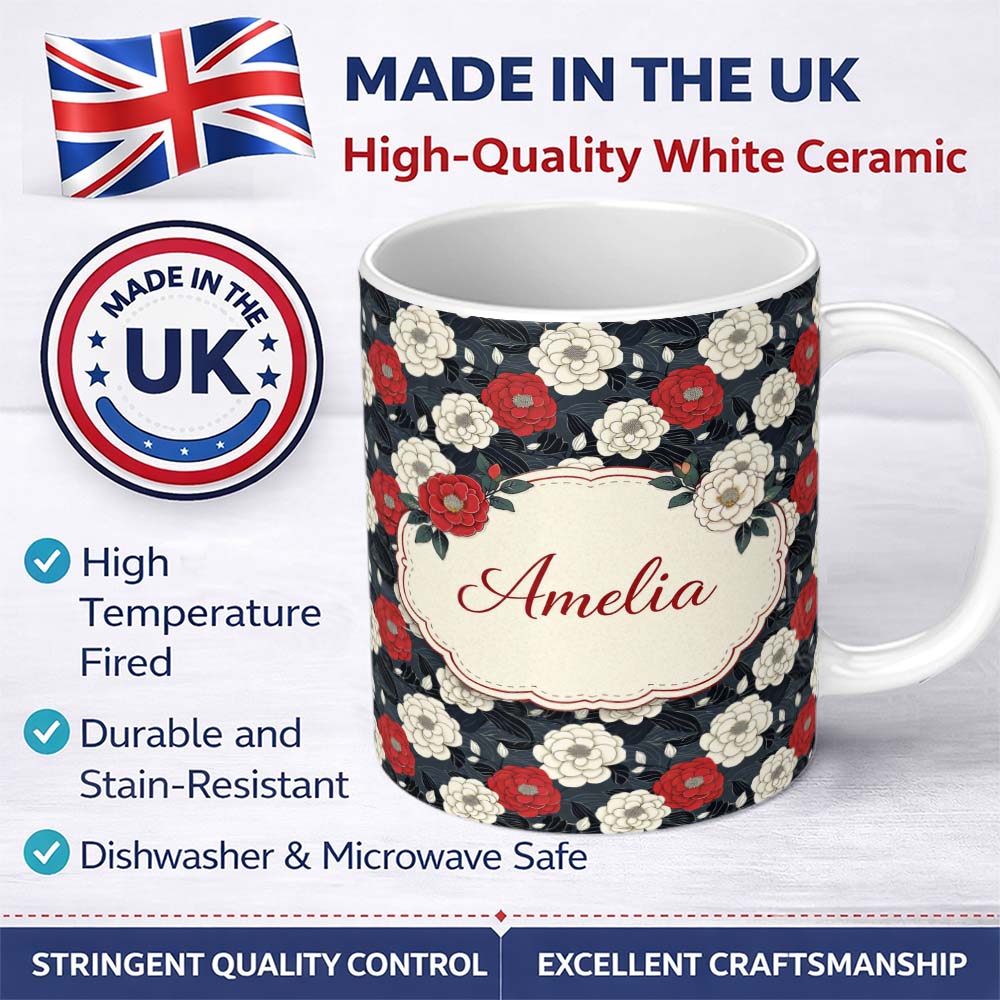 Personalized Custom Name Bold Red and Ivory Camellia Floral Seamless Pattern Cute Unique Gift 11oz Ceramic Coffee Tea Mug White Large Handle