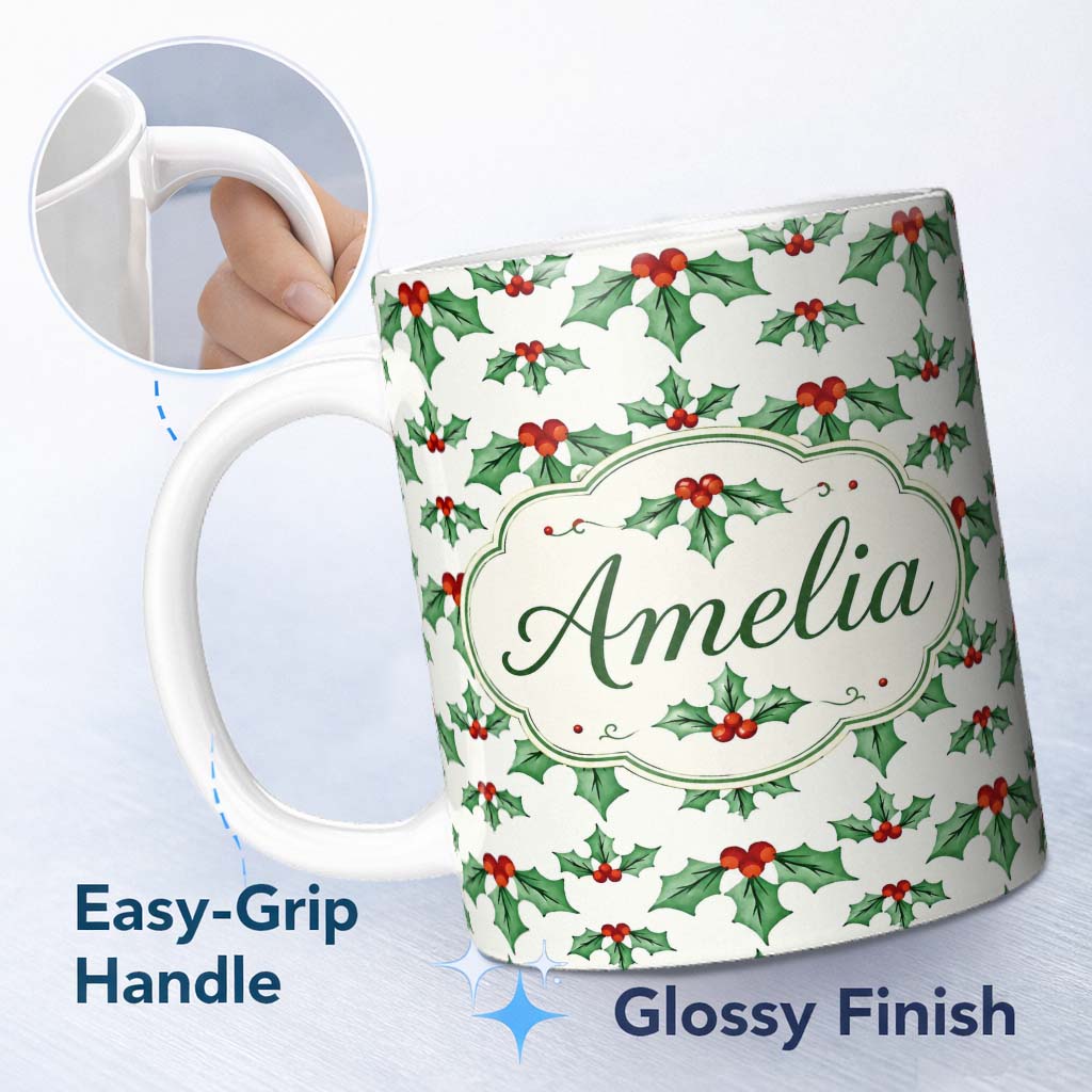 Personalized Custom Name Classic Holly Leaves Red Berries Festive Seamless Pattern Lovely 11oz Ceramic Coffee Tea Mug White Large Handle