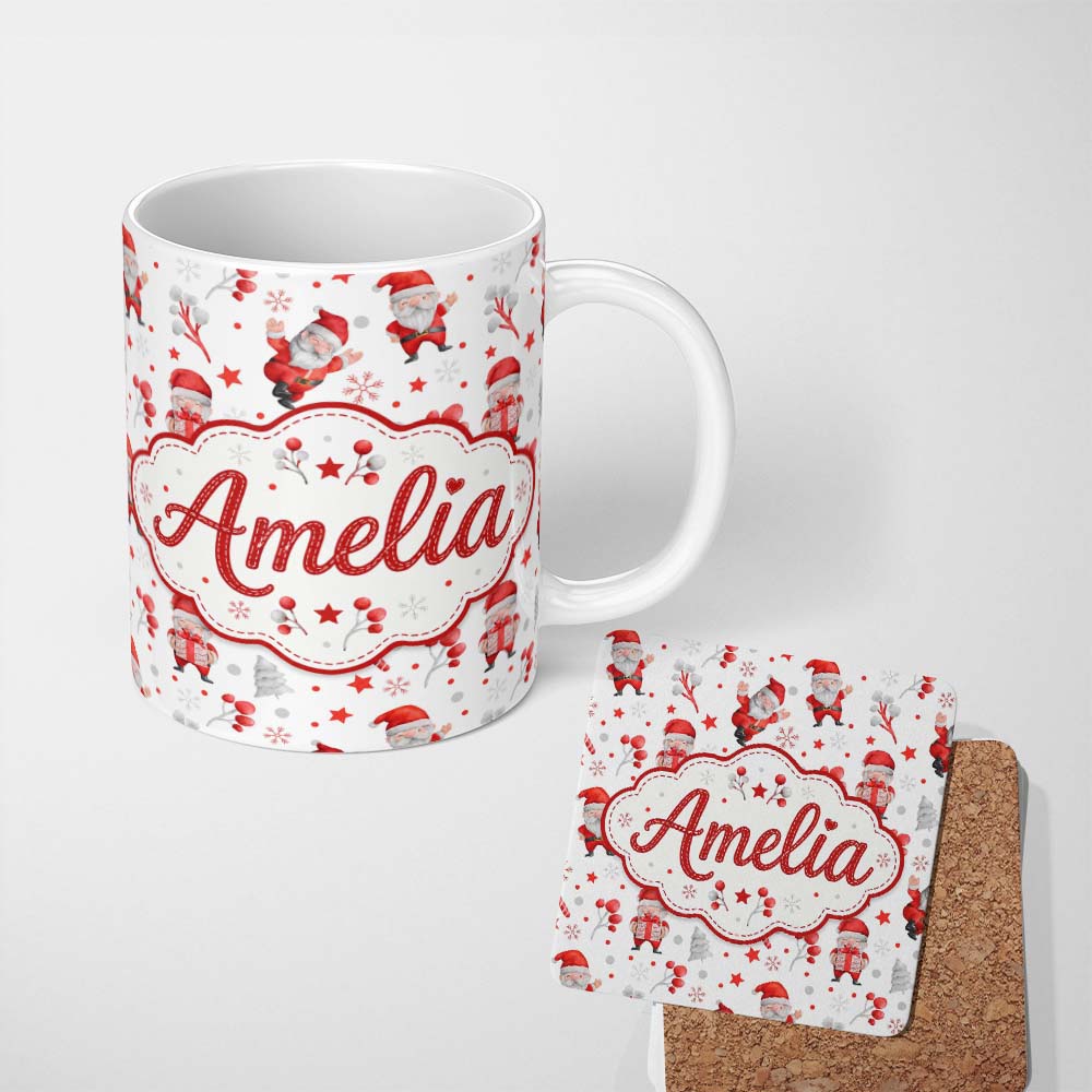Personalized Custom Name Cute Santa Claus Watercolor Gift Candy Cane Seamless Pattern Lovely 11oz Ceramic Coffee Tea Mug White Large Handle