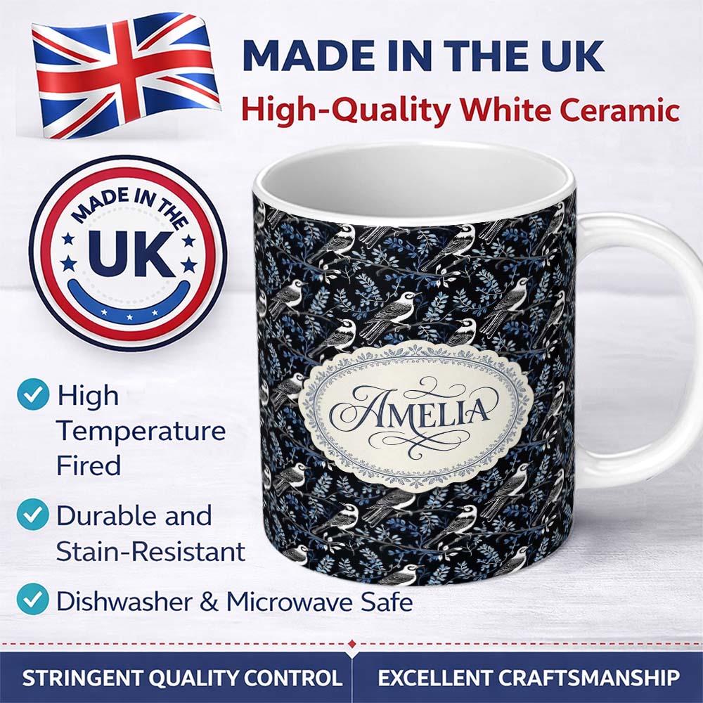 Personalized Custom Name Monochrome Bird Branch Leaf Seamless Pattern Black Blue Elegant 11oz Ceramic Coffee Tea Mug White Large Handle