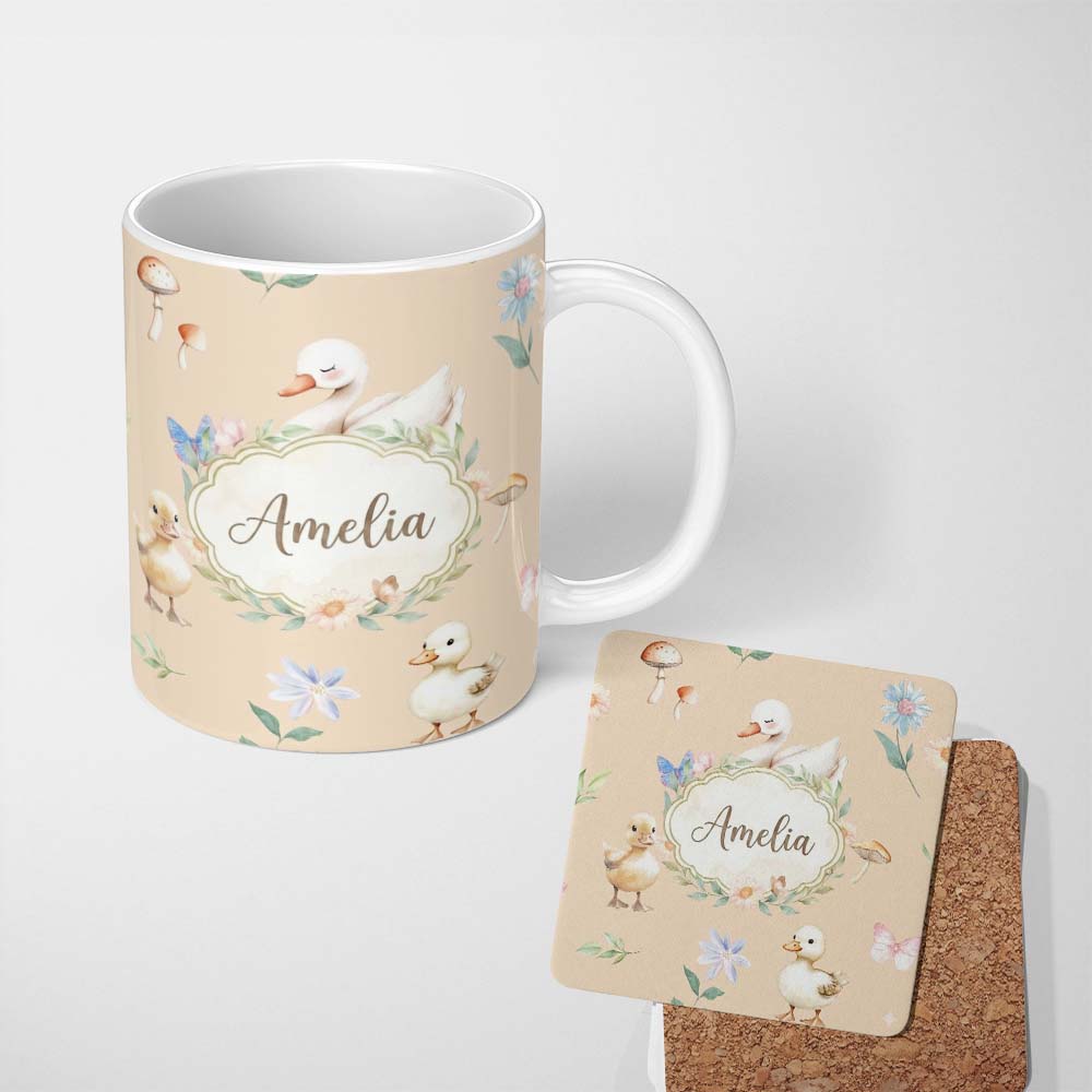 Personalized Custom Name Swan and Ducklings with Flowers Mushrooms Soft Beige Seamless 11oz Ceramic Coffee Tea Mug White Large Handle