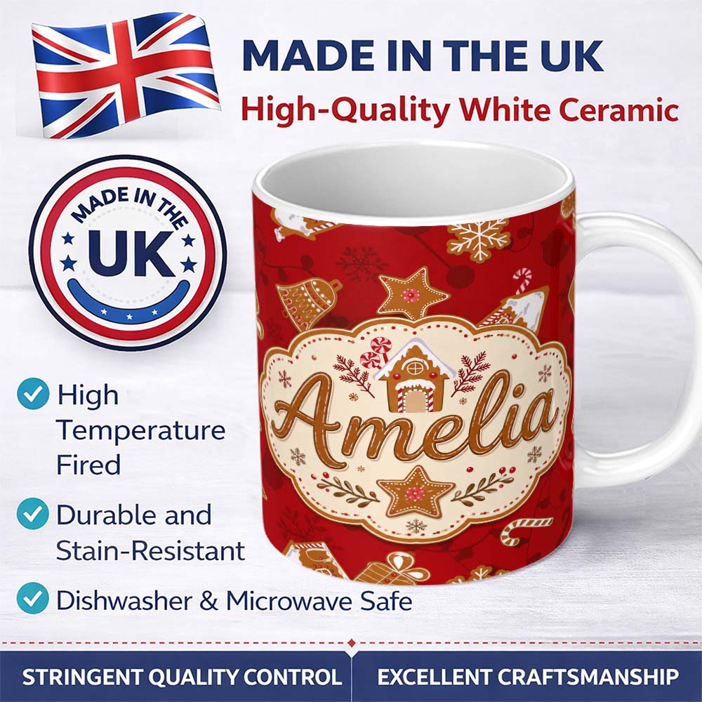 Personalized Custom Name Gingerbread House Candy Cane Cookies Red Festive Seamless Pattern 11oz Ceramic Coffee Tea Mug White Large Handle