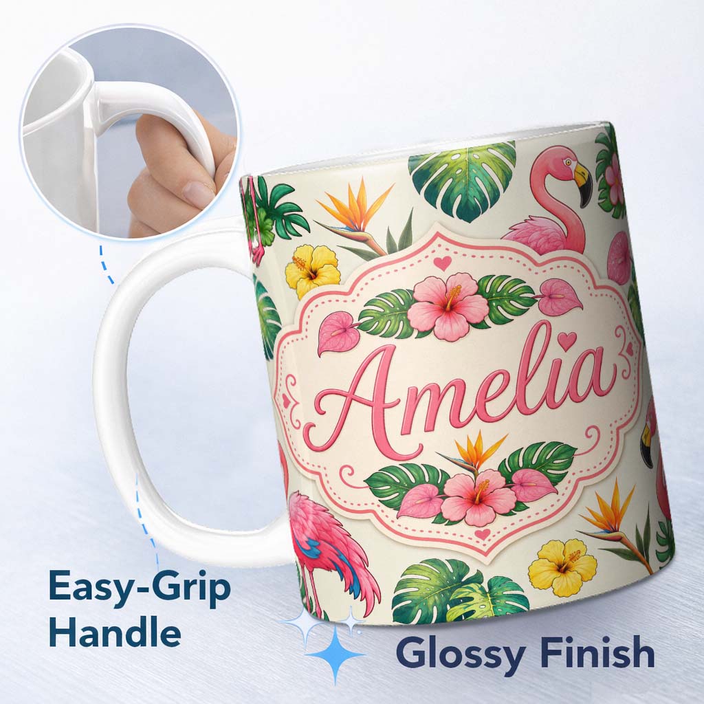 Personalized Custom Name Tropical Flamingo with Hibiscus Flowers and Leaves Cream Background 11oz Ceramic Coffee Tea Mug White Large Handle