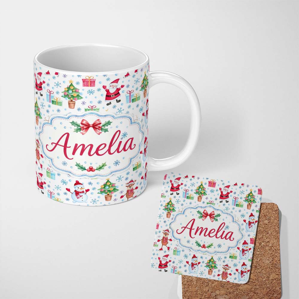 Personalized Custom Name Santa Reindeer Snowman Christmas Tree Gifts Seamless Pattern Lovely 11oz Ceramic Coffee Tea Mug White Large Handle
