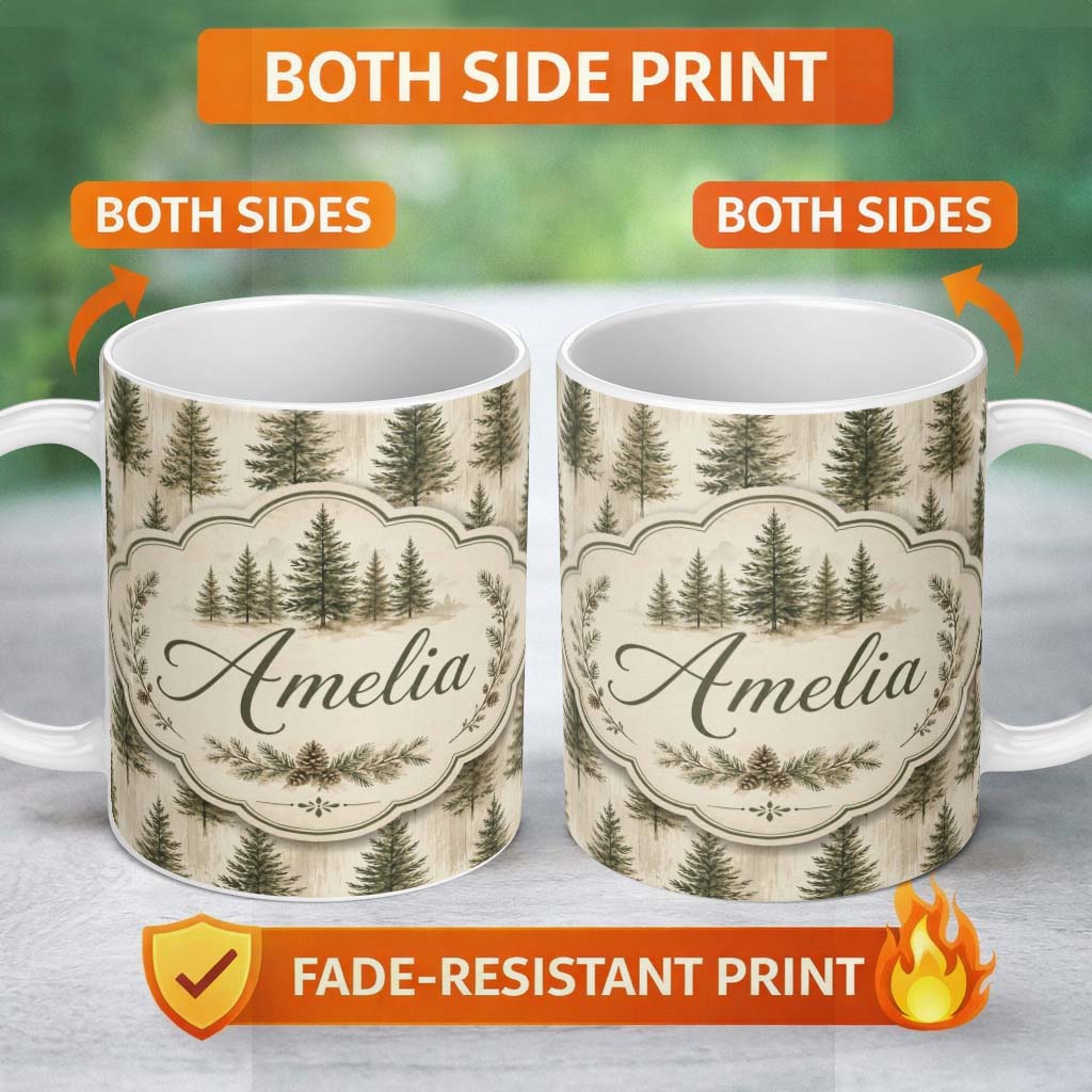 Personalized Custom Name Rustic Evergreen Trees Vintage Wood Texture Seamless Pattern Lovely 11oz Ceramic Coffee Tea Mug White Large Handle
