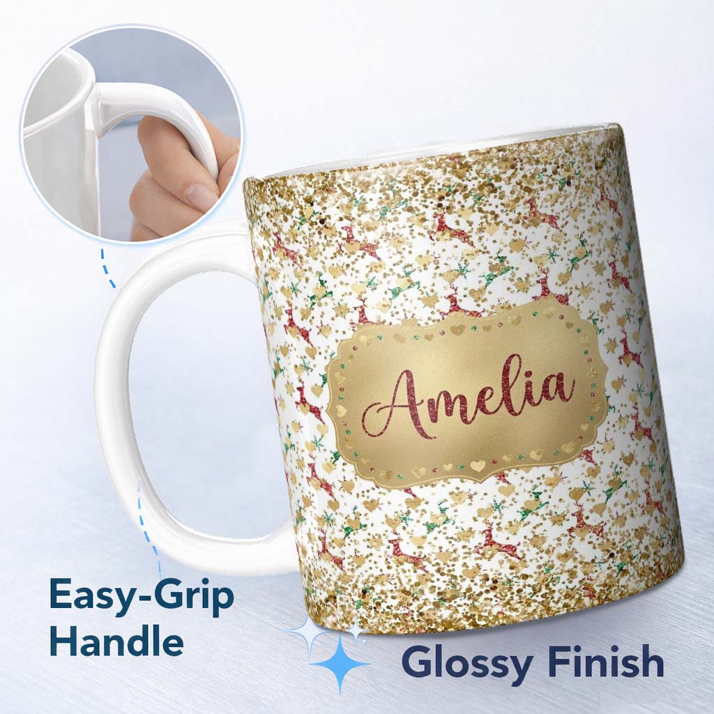 Personalized Custom Name Gold Reindeer Heart Confetti Seamless Pattern Design Christmas 11oz Ceramic Coffee Tea Mug White Large Handle
