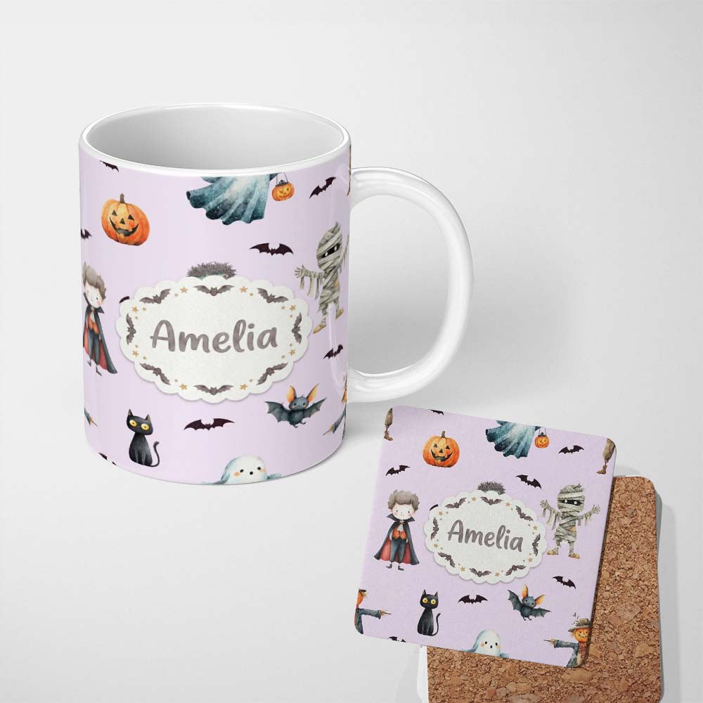 Personalized Custom Name Halloween Zombie Mummy Vampire and Bat Characters Purple Background 11oz Ceramic Coffee Tea Mug White Large Handle