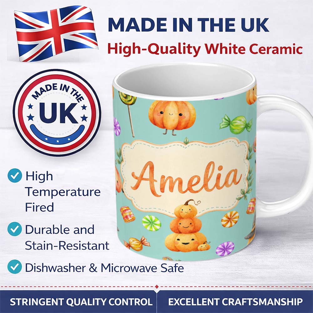 Personalized Custom Name Cute Watercolor Pumpkins and Candy Sweets on Light Grey Background 11oz Ceramic Coffee Tea Mug White Large Handle