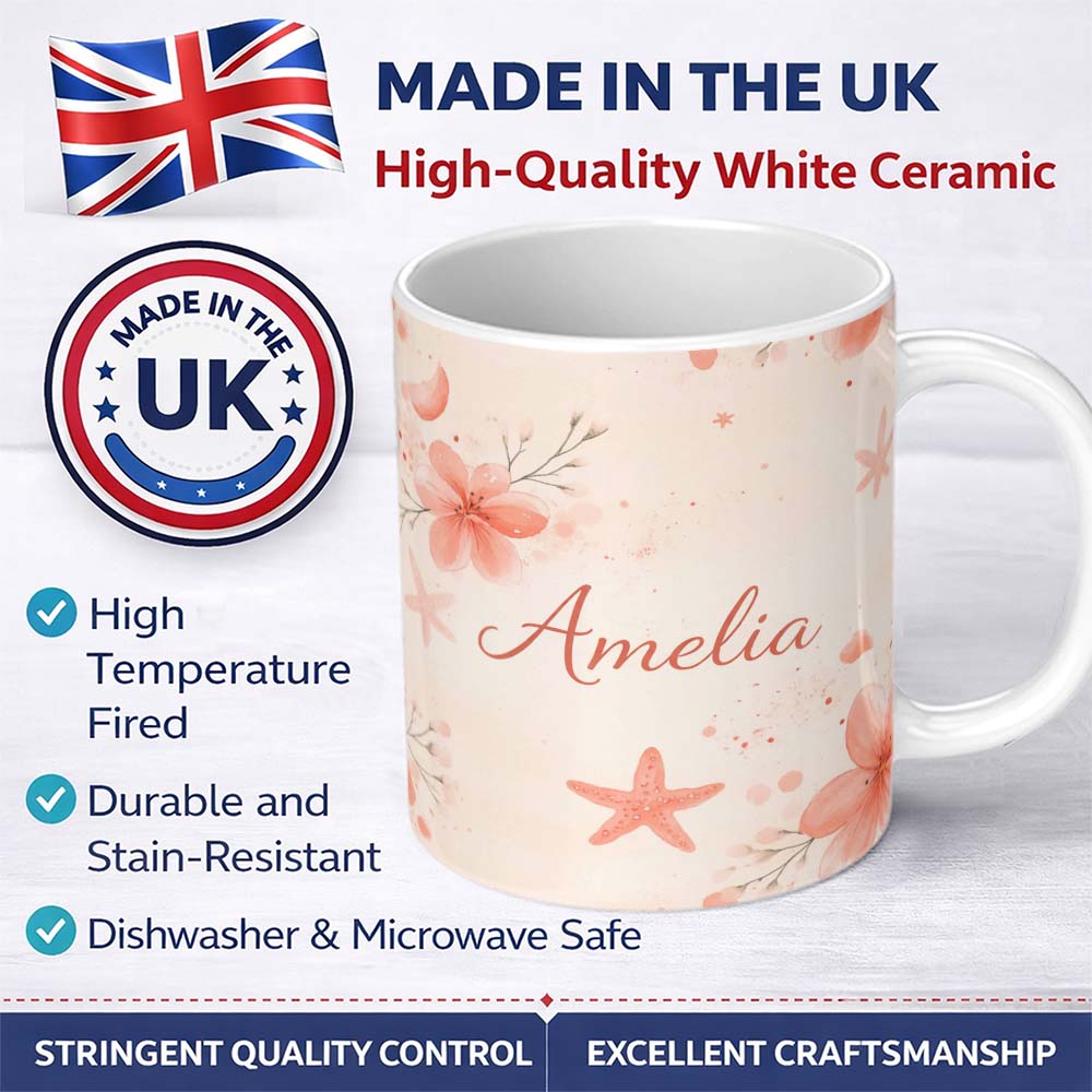 Personalized Custom Name Coral Starfish Ocean Floral Pattern Seamless Watercolour Coastal 11oz Ceramic Coffee Tea Mug White Large Handle